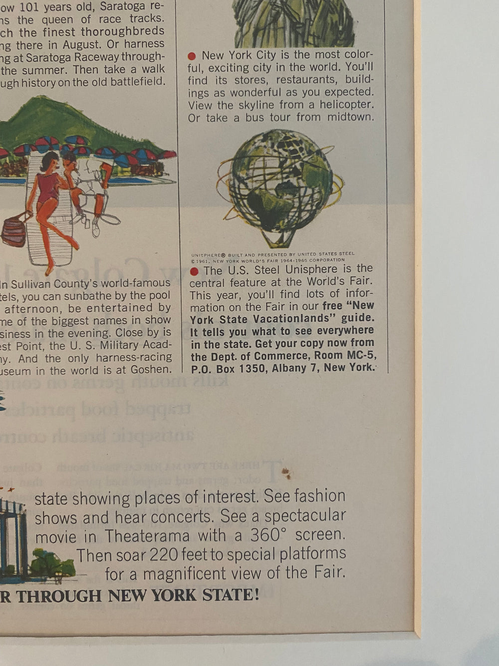 Detail view of an original New York World’s Fair vintage advertisement featuring Adirondack scenery, Saratoga horse racing, and New York travel imagery