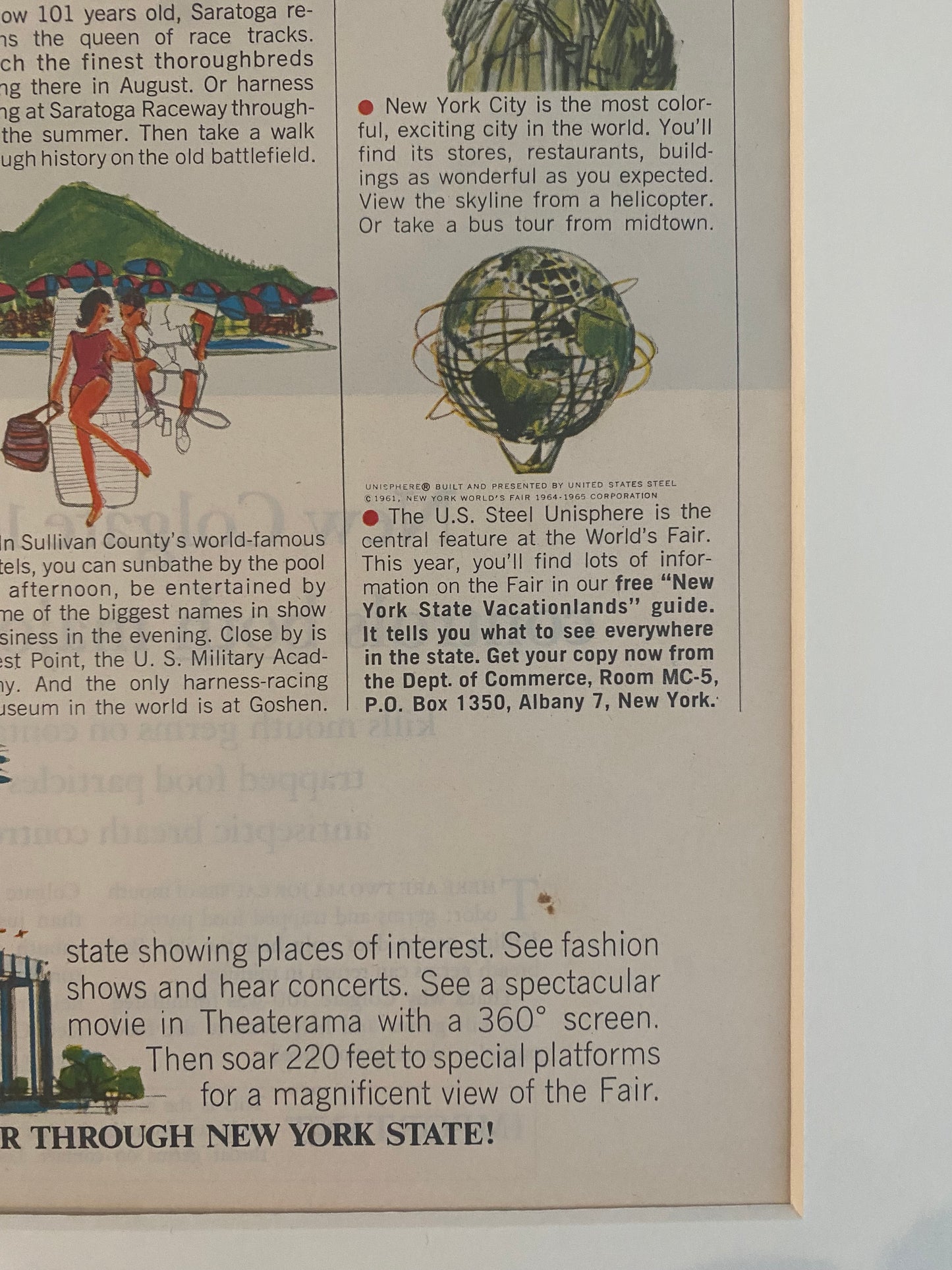 Detail view of an original New York World’s Fair vintage advertisement featuring Adirondack scenery, Saratoga horse racing, and New York travel imagery