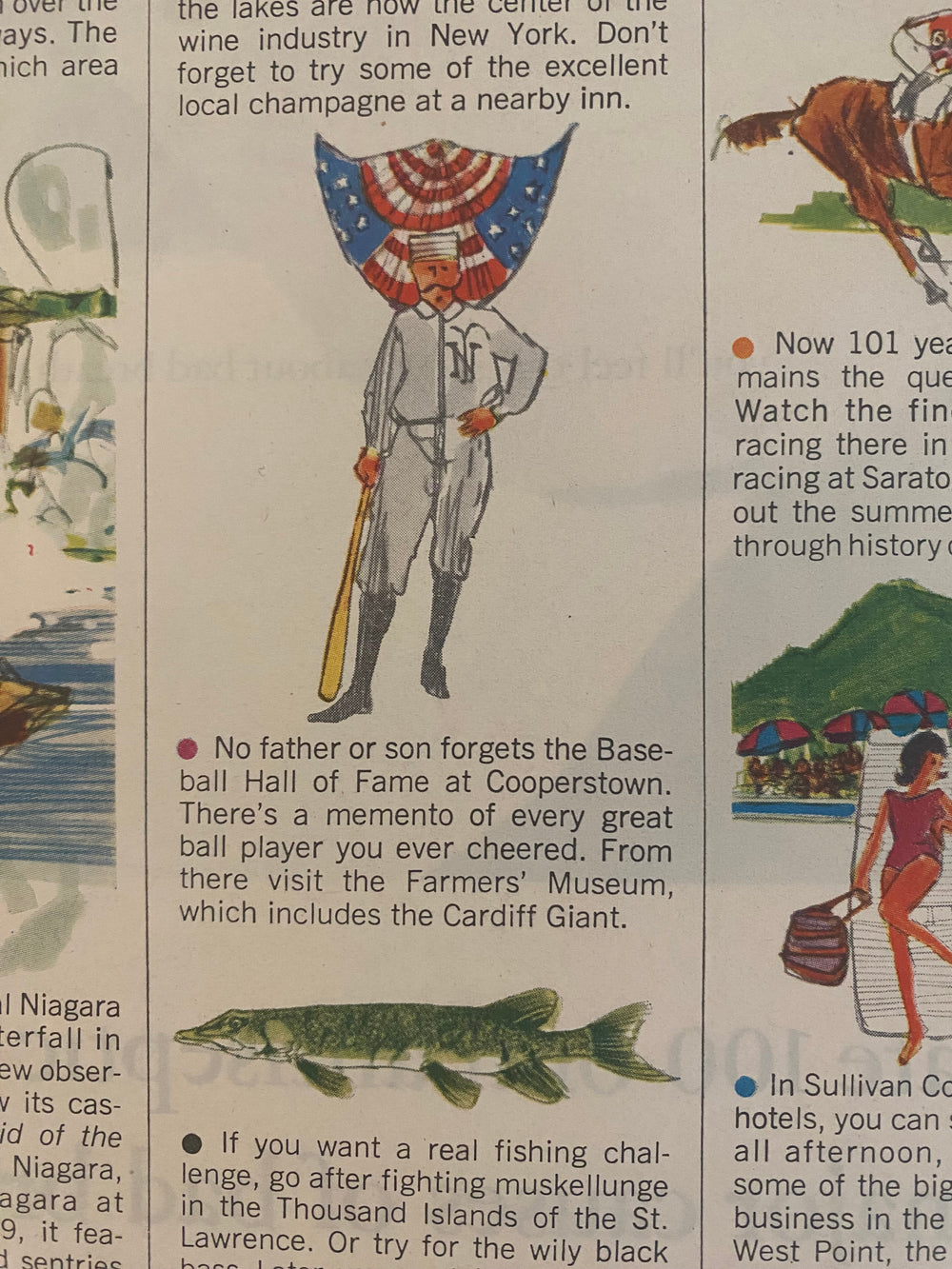 Close-up of an original New York World’s Fair vintage advertisement showing Cooperstown, outdoor recreation, and New York travel illustrations.