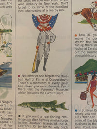 Close-up of an original New York World’s Fair vintage advertisement showing Cooperstown, outdoor recreation, and New York travel illustrations.