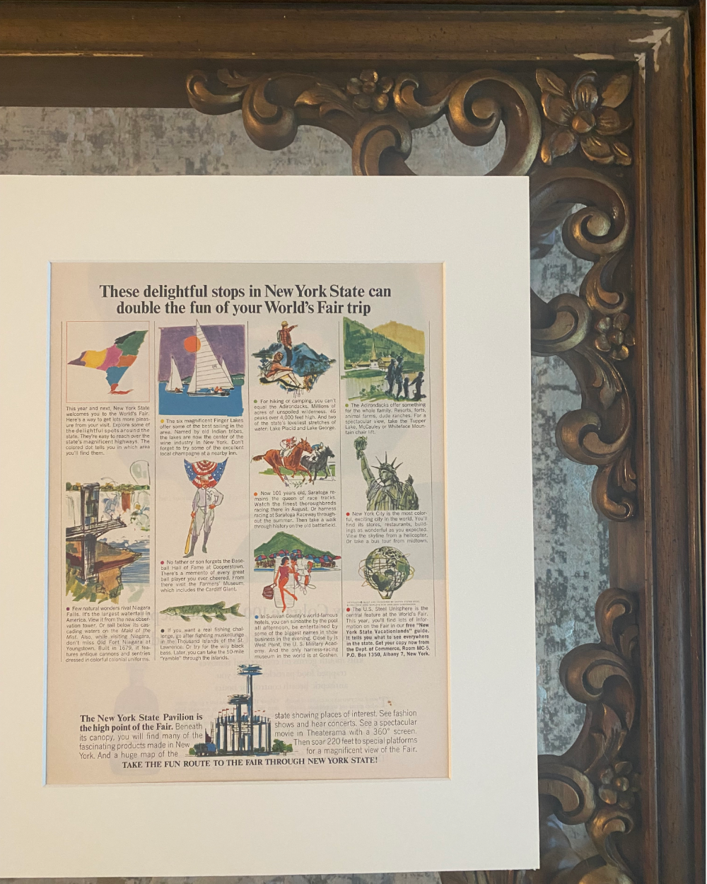 Close-up detail of an original New York World’s Fair vintage advertisement featuring illustrated New York State travel destinations and attractions.