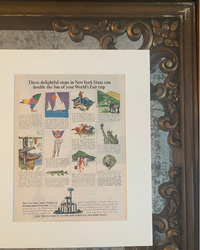 Close-up detail of an original New York World’s Fair vintage advertisement featuring illustrated New York State travel destinations and attractions.