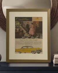 Original 1955 Cadillac “They’ll Take the Cadillac Tonight!” vintage advertisement framed in a thin brass frame.