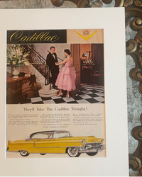 Close-up of the original 1955 Cadillac “They’ll Take the Cadillac Tonight!” vintage advertisement showing the artwork, typography, and preserved paper.