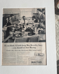 Close-up of an authentic 1965 Maytag magazine advertisement featuring the Beverley family and their twelve children