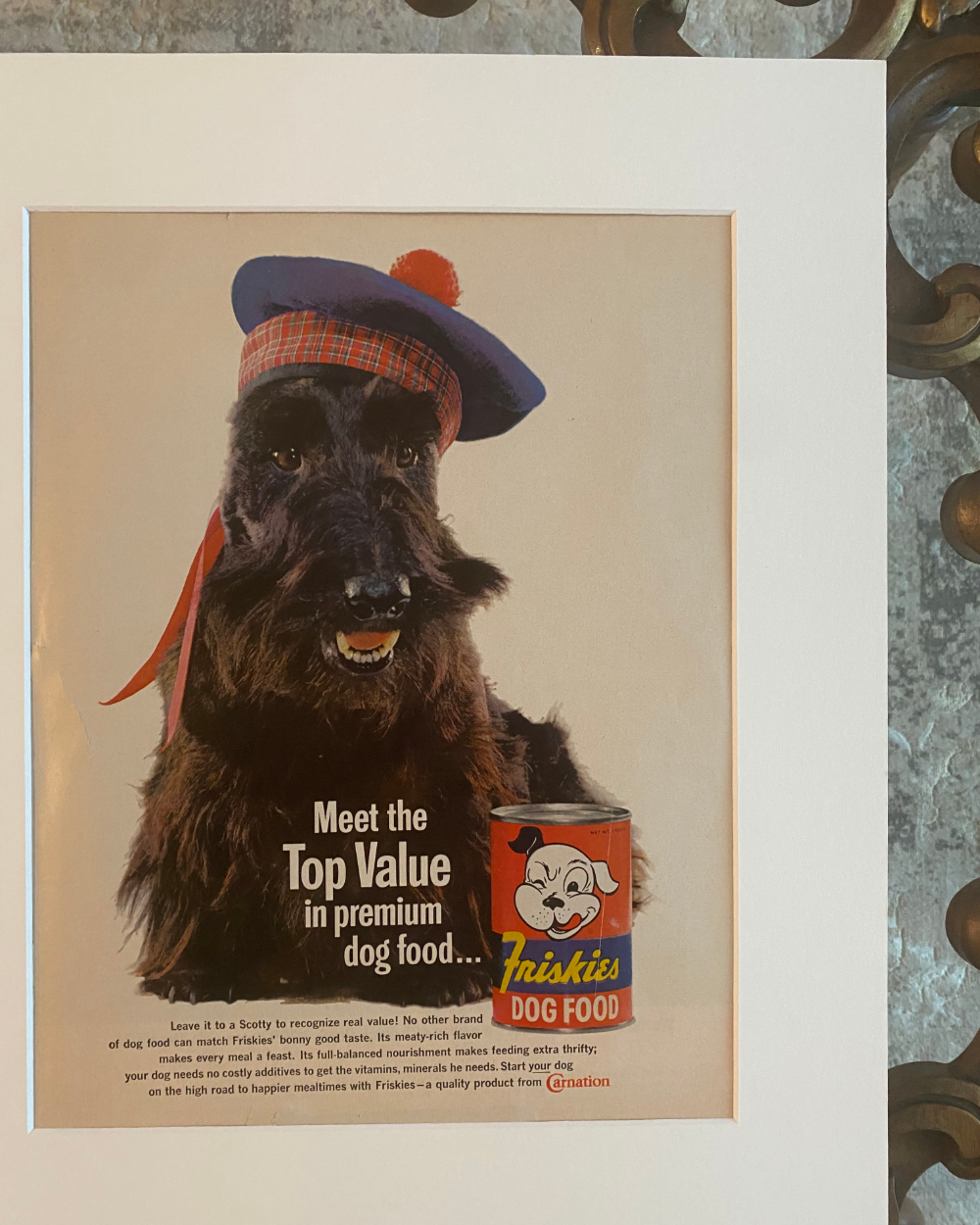 Close-up of the original Friskies Scotty Dog Food vintage advertisement featuring the Scottish Terrier illustration, preserved colors, and authentic paper.