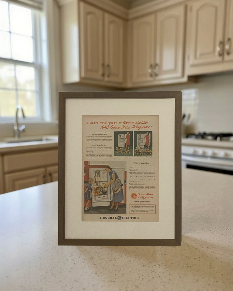 Original 1948 General Electric Space Maker Refrigerator vintage advertisement in a handcrafted brown wood frame displayed on a modern kitchen countertop.