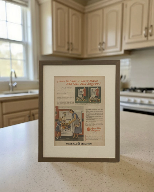 Original 1948 General Electric Space Maker Refrigerator vintage advertisement in a handcrafted brown wood frame displayed on a modern kitchen countertop.