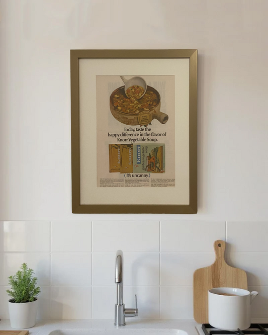 Original vintage Knorr Vegetable Soup advertisement displayed in a matte brass frame on a modern kitchen wall with white subway tile and light wood accents.