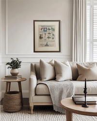 Original vintage New York World’s Fair advertisement in a walnut frame styled in a warm neutral living room