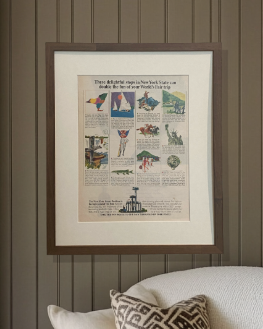 Original vintage New York World’s Fair advertisement beautifully framed in walnut with an off-white mat