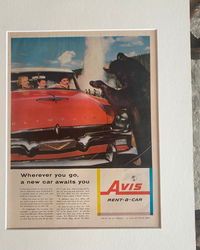 Close-up of an original vintage Avis Rent-a-Car advertisement featuring a red Plymouth, bears and colorful mid-century artwork