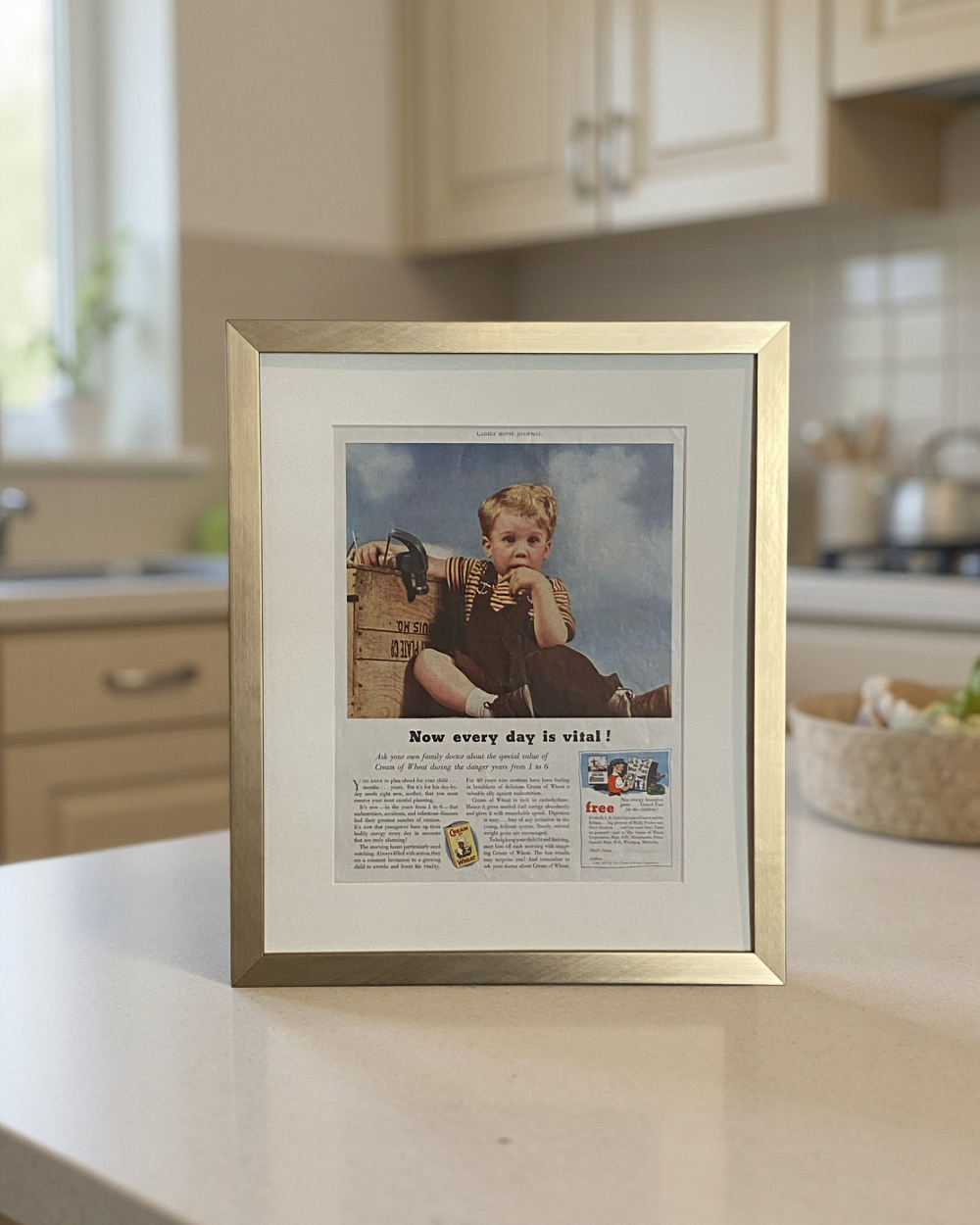 Original vintage Cream of Wheat advertisement featuring a young boy, beautifully framed with an off-white mat and brushed brass frame.