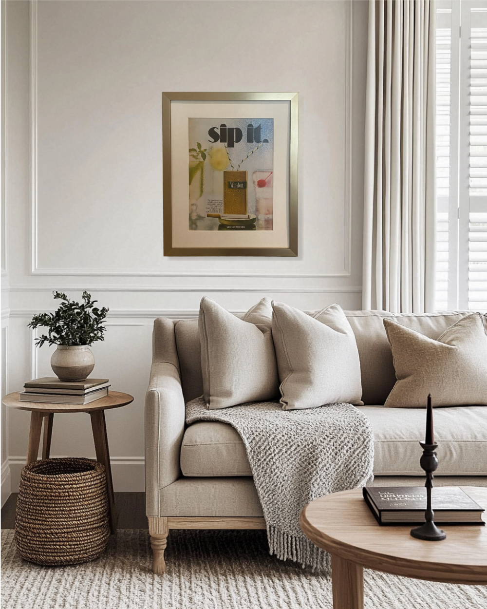 Original vintage Winston Menthol advertisement in a brushed brass frame displayed in a warm neutral modern living room.