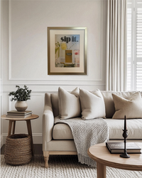 Original vintage Winston Menthol advertisement in a brushed brass frame displayed in a warm neutral modern living room.