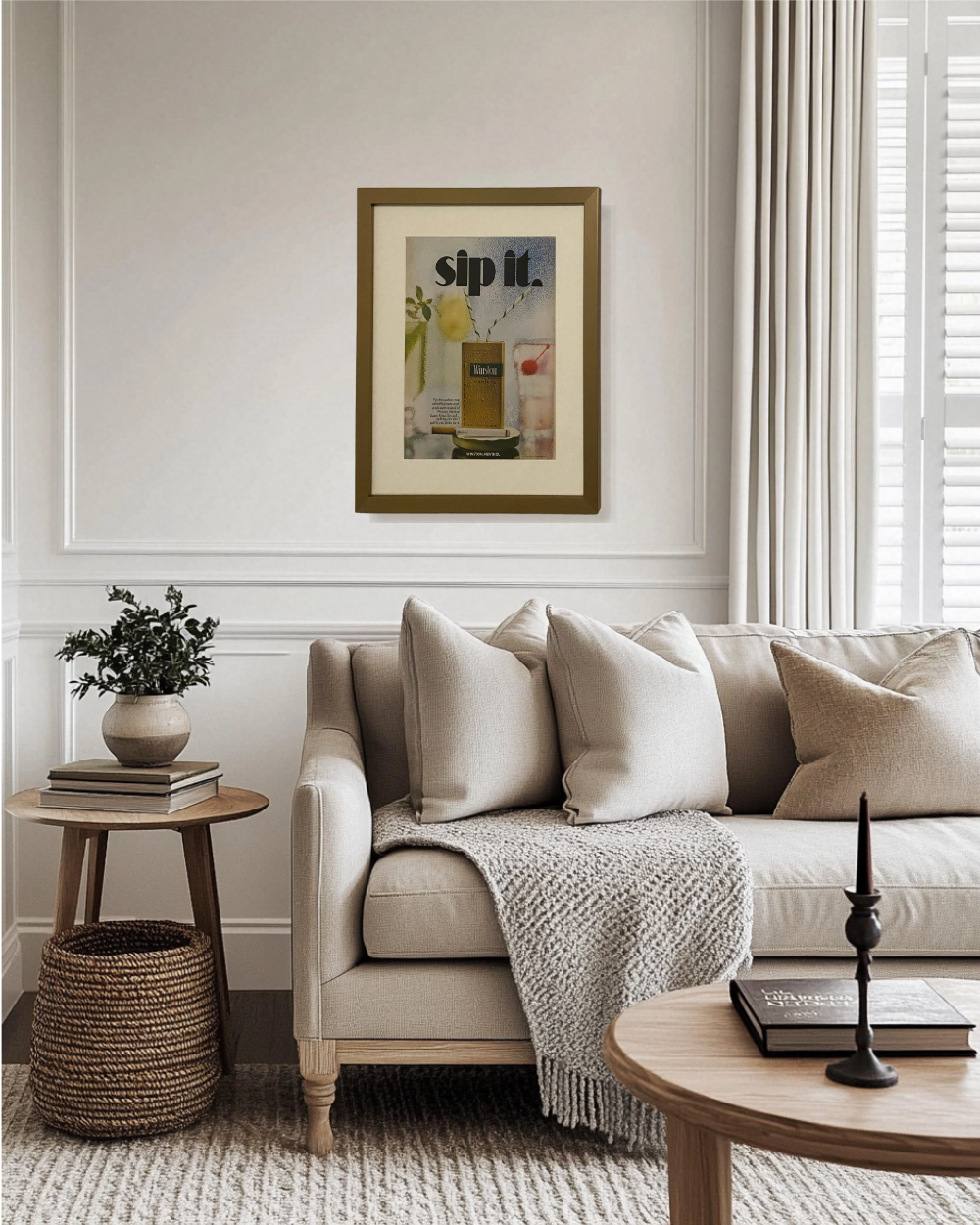 Original Winston Menthol “Sip It.” vintage cigarette advertisement framed in brass and displayed in a modern living room.