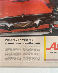Detail of an authentic vintage Avis advertisement showing the red Plymouth, period typography and original aged magazine paper