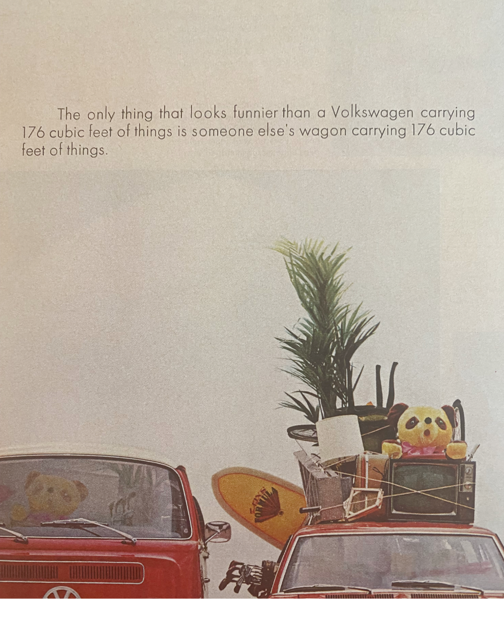 Close-up of the completed framed original Volkswagen “176 Cubic Feet” advertisement featuring the handcrafted brass frame and archival off-white mat.