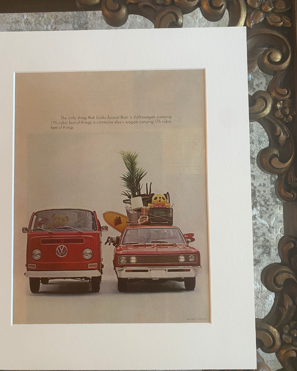 Close-up of the original Volkswagen “176 Cubic Feet” magazine advertisement showcasing its preserved paper, illustration, and vintage typography.