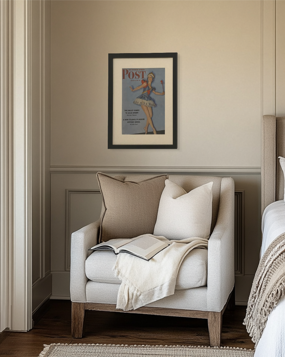Original framed Saturday Evening Post ballerina cover displayed above a reading chair in a cozy bedroom nook.