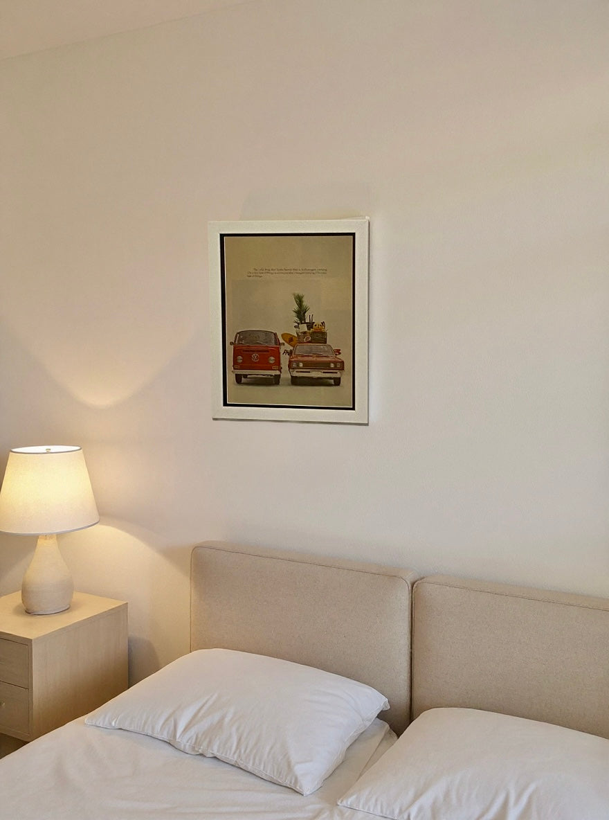 Modern vintage Volkswagen station wagon advertisement framed wall art, mid-century automotive print