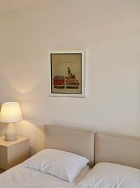 Modern vintage Volkswagen station wagon advertisement framed wall art, mid-century automotive print