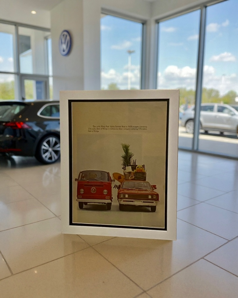 Modern vintage Volkswagen station wagon advertisement framed wall art, mid-century automotive print