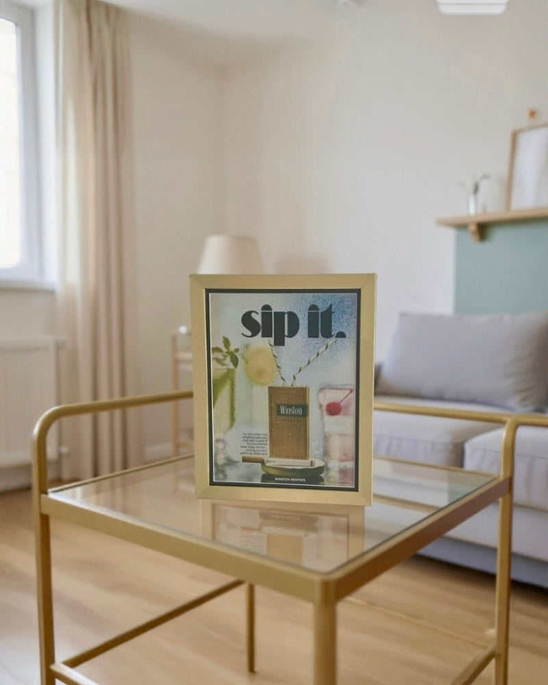 Modern vintage Winston Menthol cigarette advertisement framed in gold, mid-century graphic wall art
